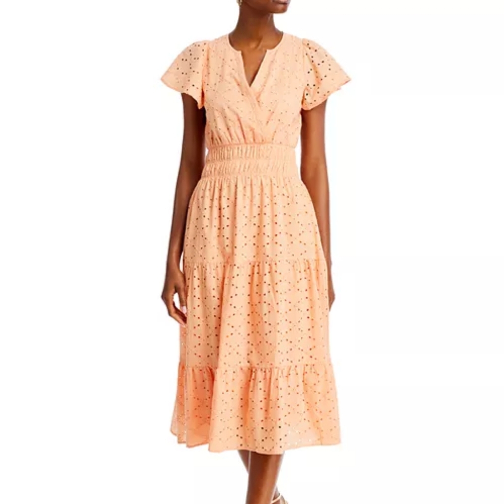 Koko + Mason Eyelet Midi Dress Women’s Smocked Waist Tiered Cotton - Picture 8 of 9